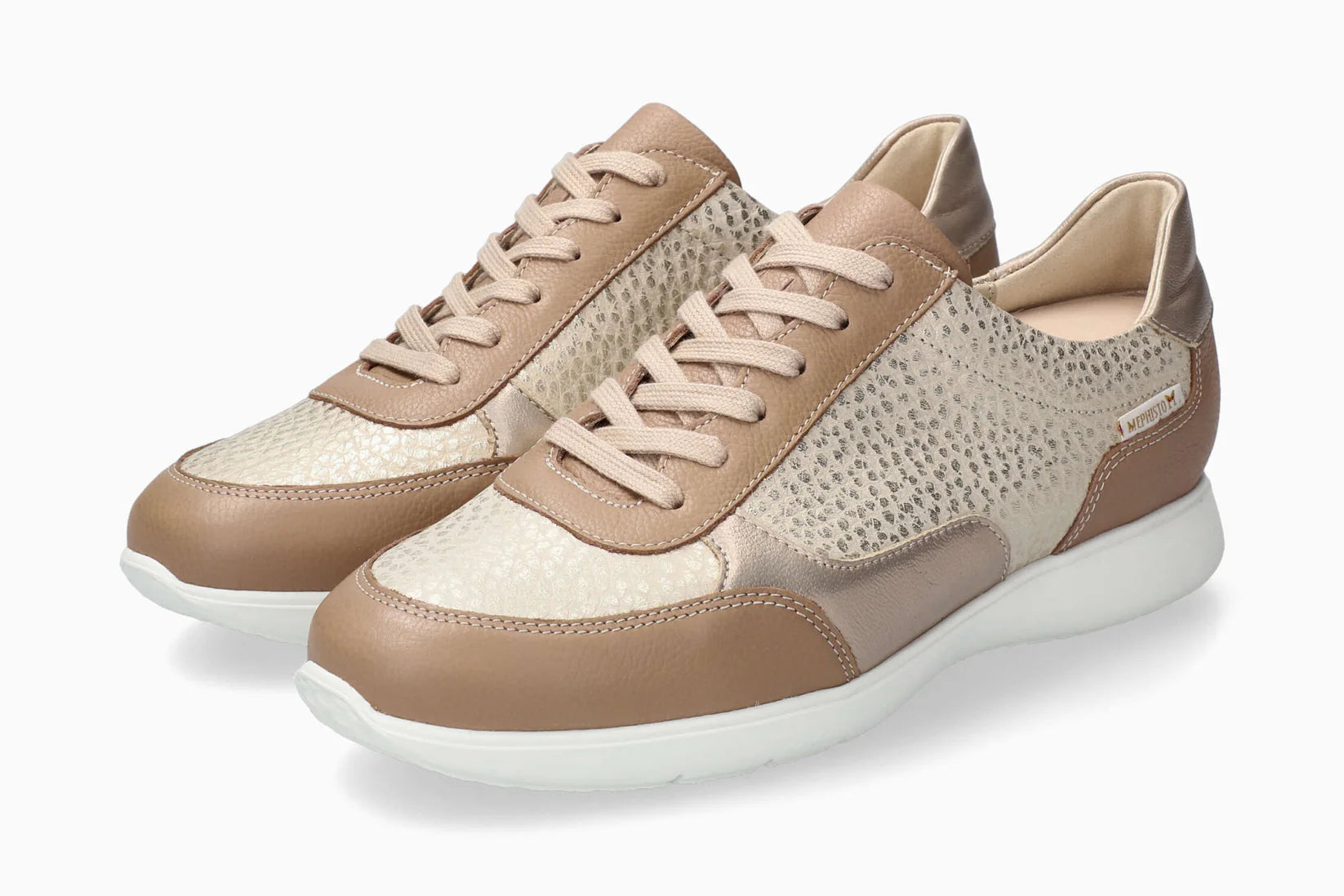 Mephisto Mendy women’s lace-up sneaker light taupe pair angled view. Shop now at Foot Sensation.