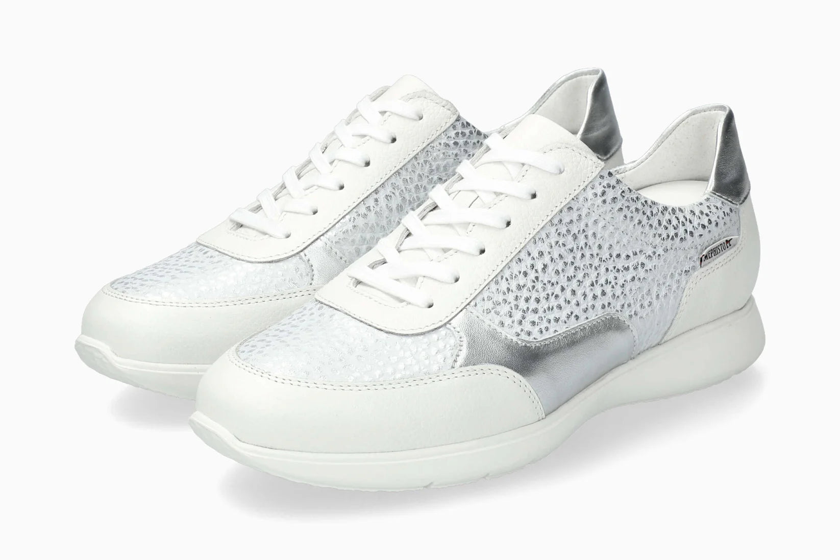 Mephisto Mendy women’s lace-up sneaker white ceylan pair view. Shop now at Foot Sensation.