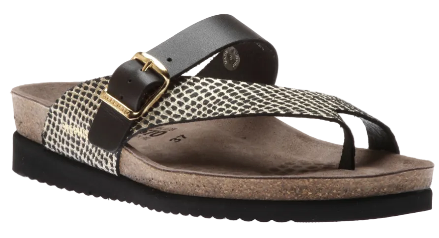 Brown sandal with a patterned strap and gold buckle on a white background