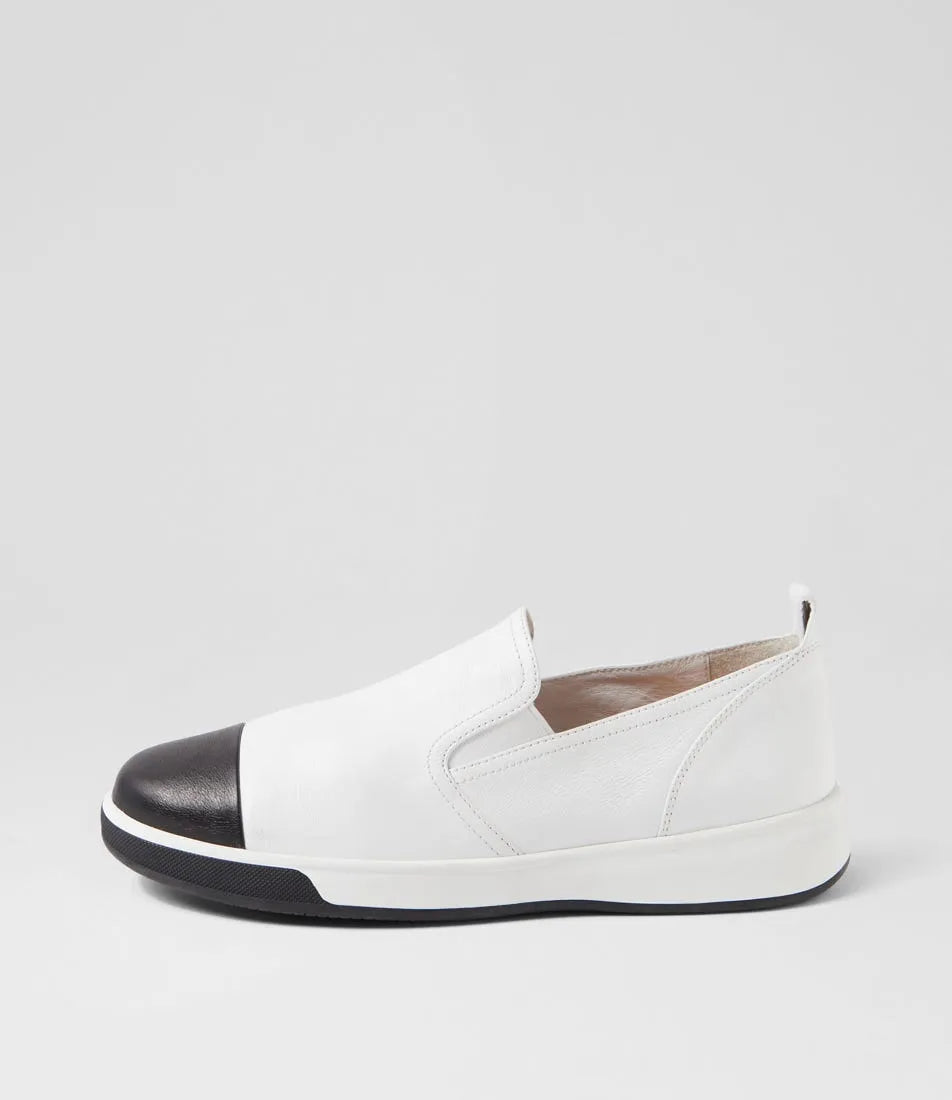 Ziera Abry Women's Sneaker White slip-on sneaker with black cap toe on a light gray background