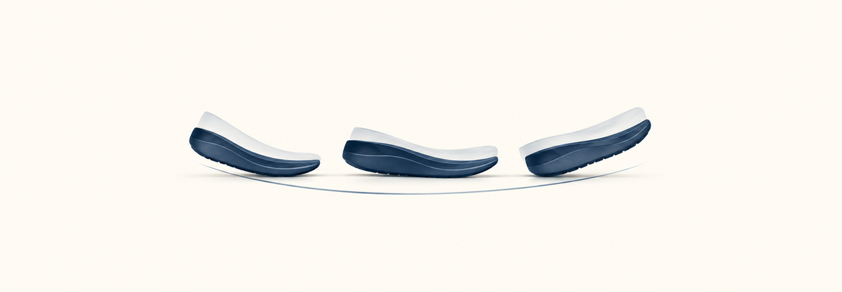 Illustration of a curved shoe sole rolling from heel to toe.