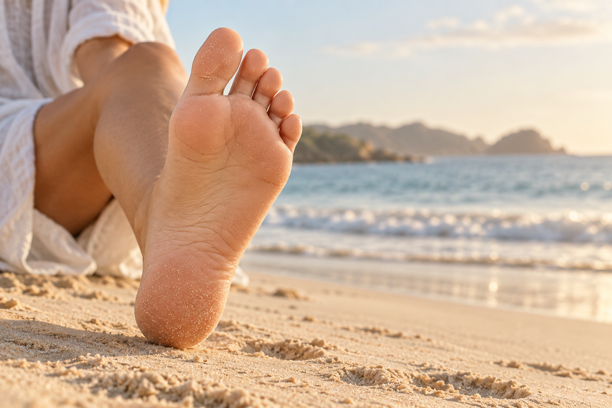 Sole of a bare foot with toes spread on a sandy beach.