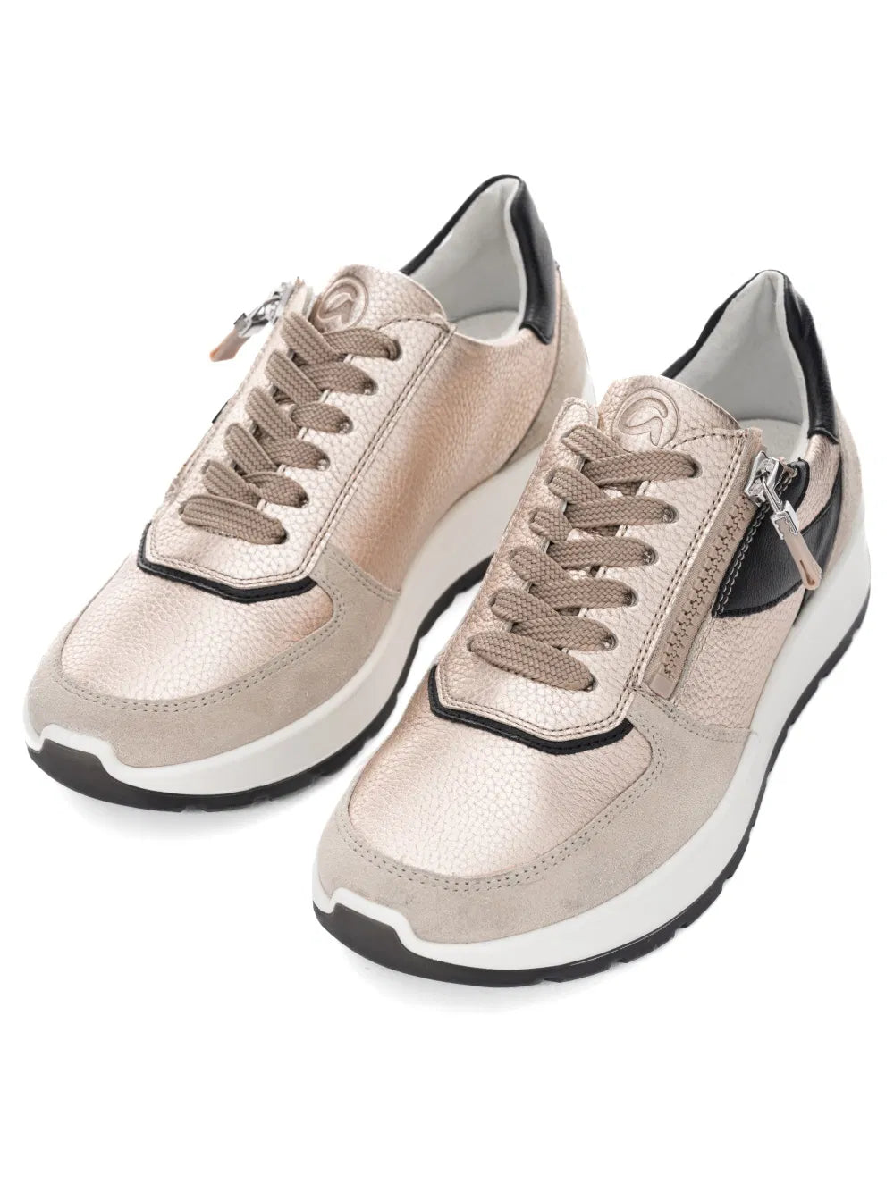 Pair of ARA Shoes Nagano Women's Beige and black Sneakers top view with  on a white background