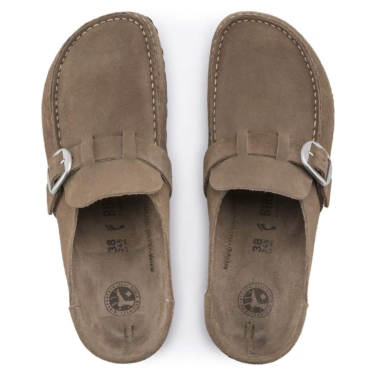 SABOTS BIRKENSTOCK BUCKLEY EN CUIR DAIM GRIS TAUPE 