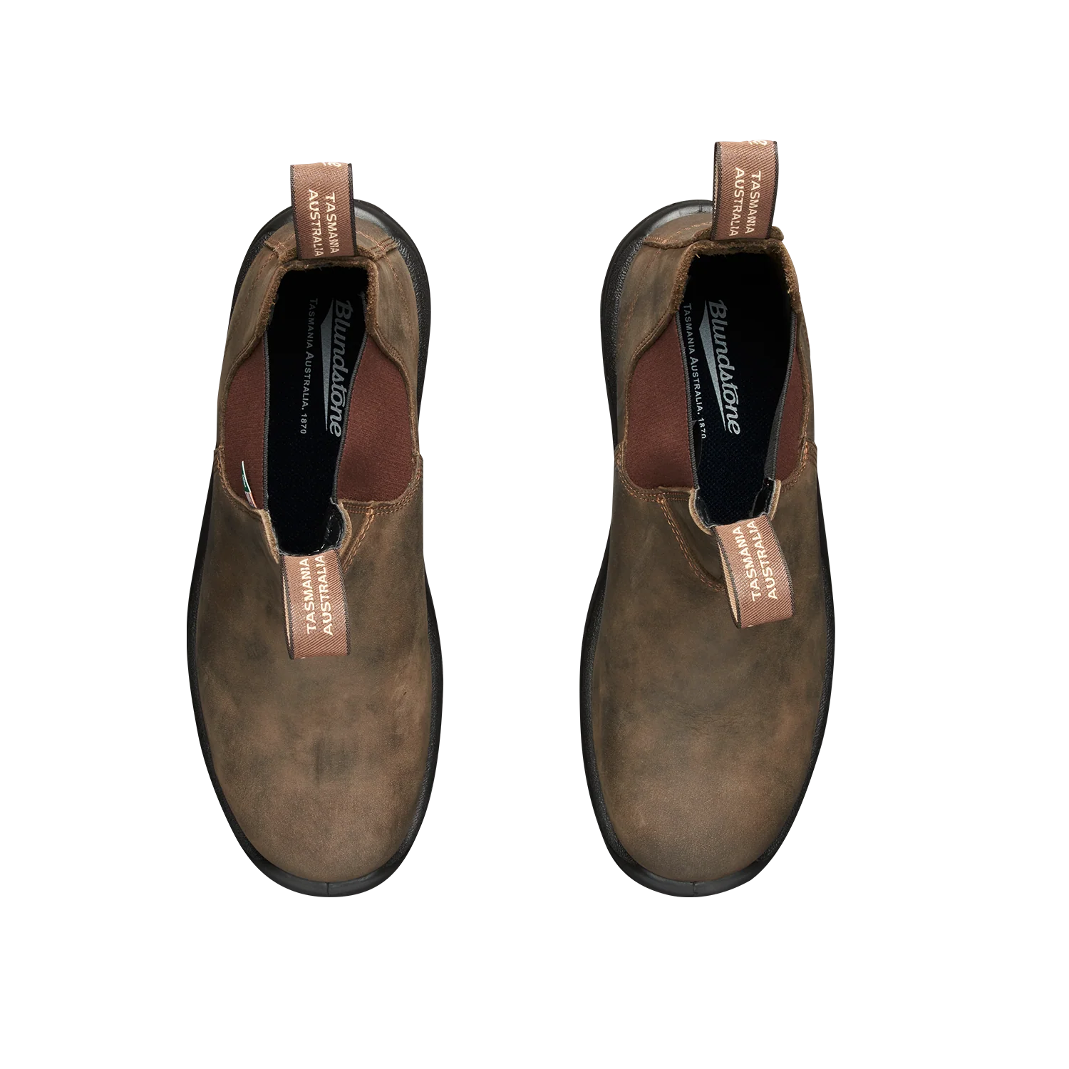 Pair of Blundstone 180 Work Safety Waxy Rustic Brown leather boot top view with visible brand label on a white background | shop now on Foot Sensation