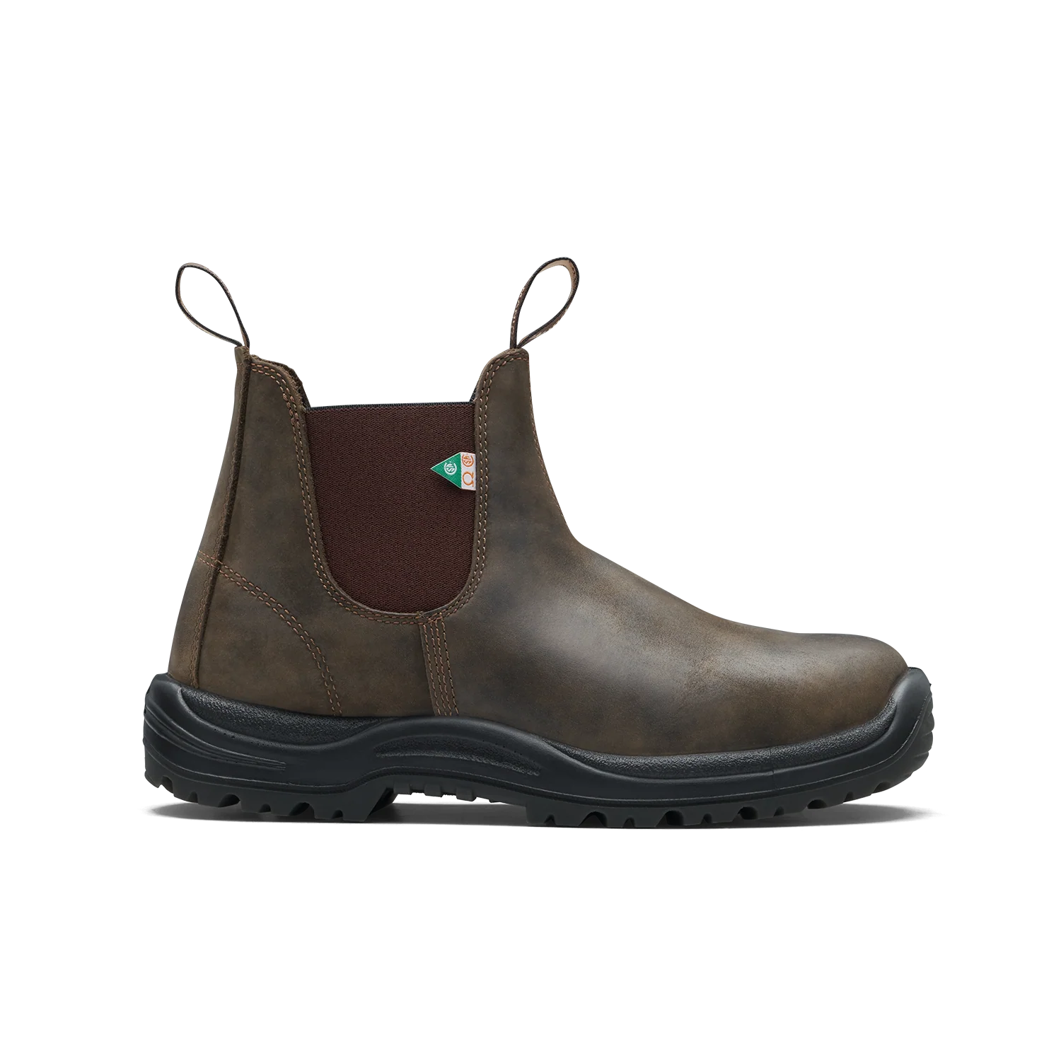 Blundstone 180 Work Safety Waxy Rustic Brown leather boot with a visible brand logo side view on a white background | shop now on Foot Sensation