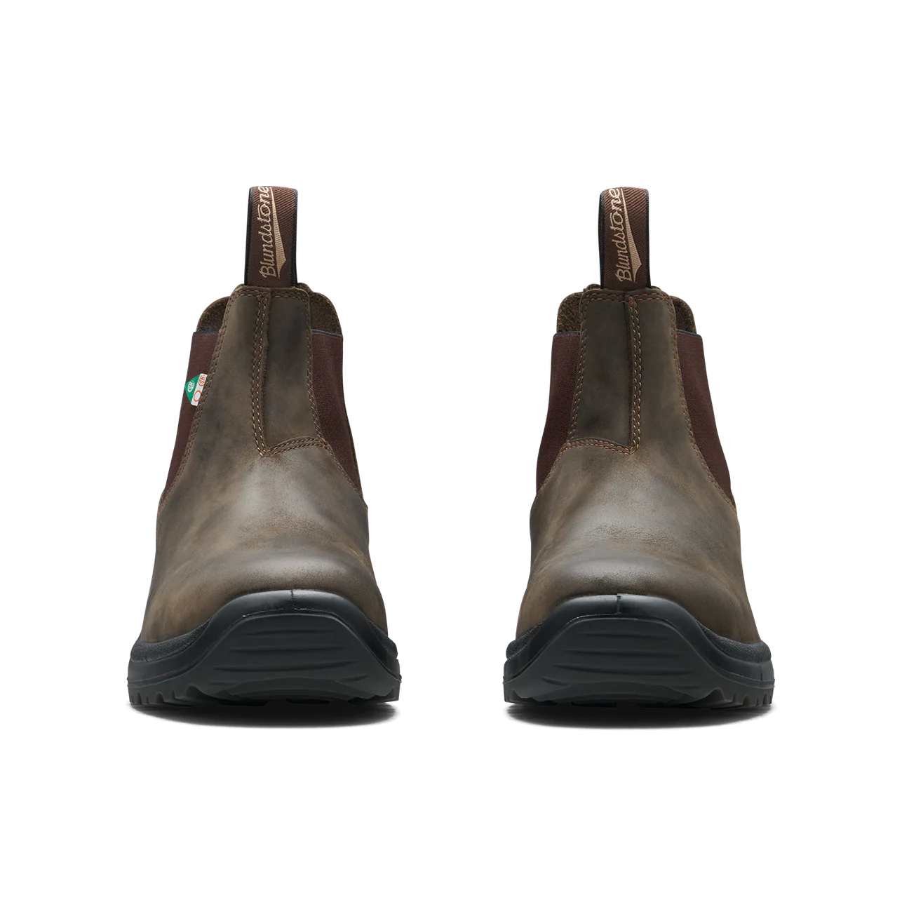 Pair of Blundstone 180 Work Safety Waxy Rustic Brown leather boots front view on a white background | shop now on Foot Sensation