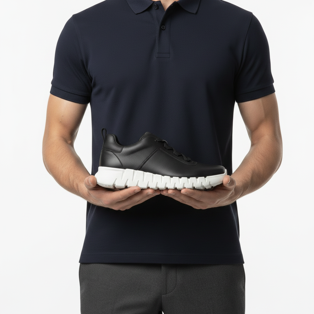 Person holding a black sneaker with white sole against a plain background