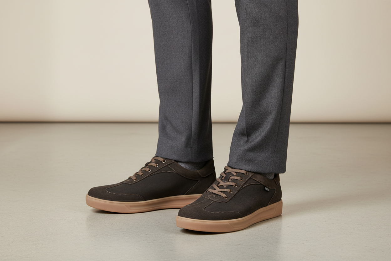 Model with pants wearing pair of dark brown FINN COMFORT Interlagos Sneaker. Finn Comfort Canada.