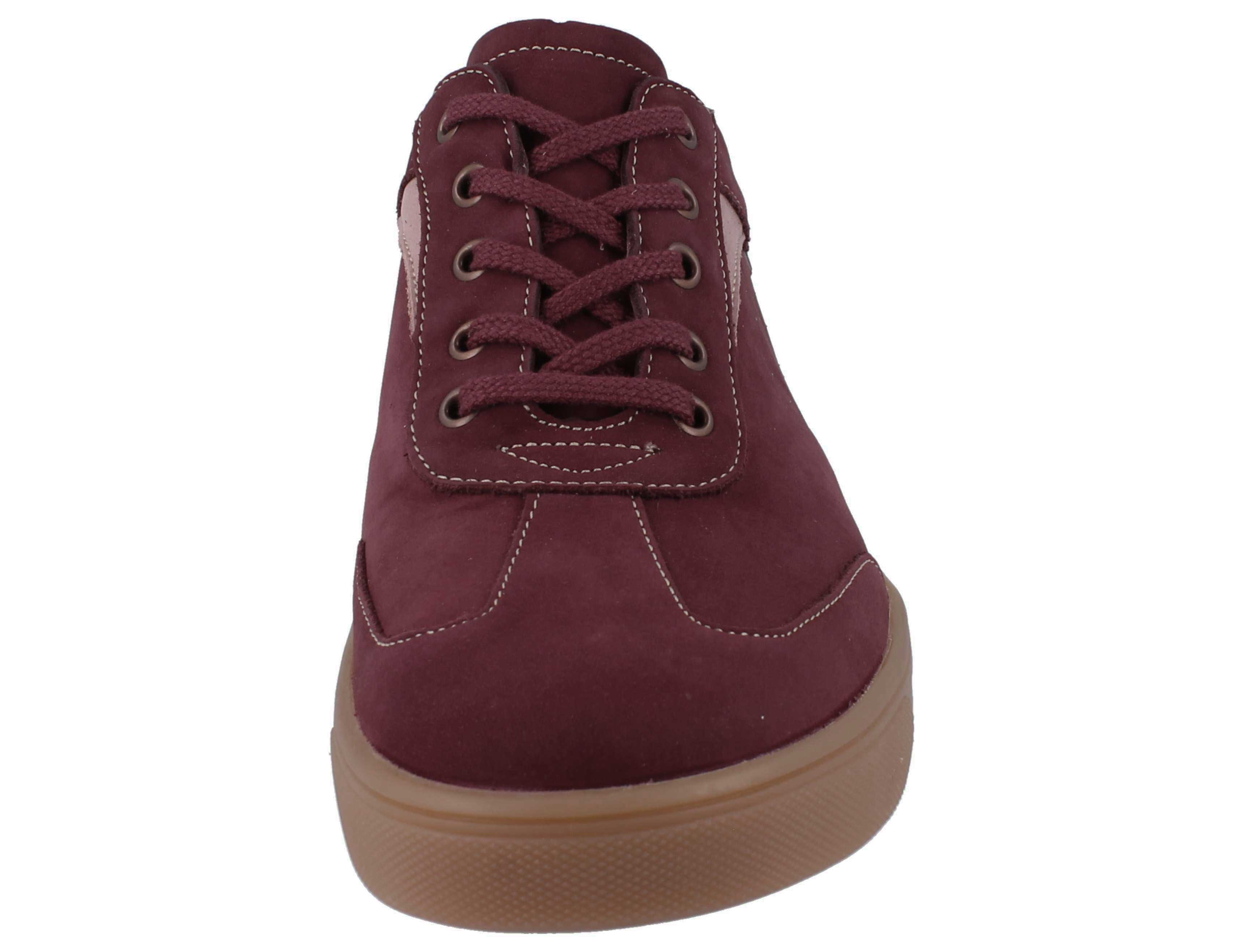 Front view of FINN COMFORT Interlagos leather Sneaker color rumba candy cherrry, with adjustable lacing and arch support in white background. 