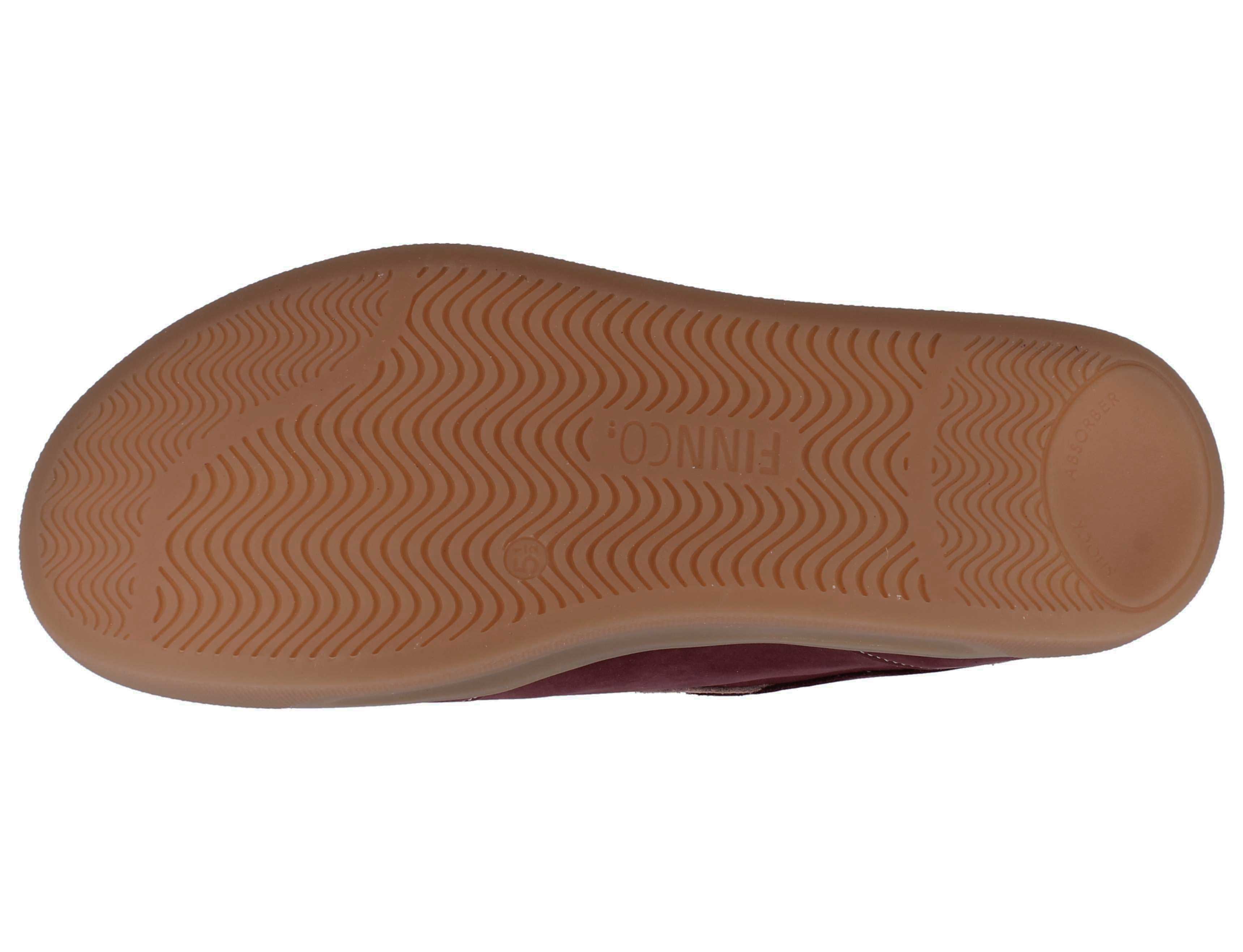 Outsole view of FINN COMFORT Interlagos leather Sneaker color rumba candy cherrry, comfortable removable leather-covered cork footbed supports orthopedic insoles in white background. 