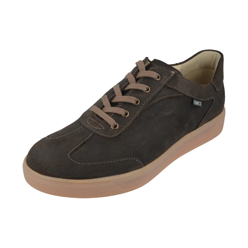 FINN COMFORT Interlagos Lace Up suede sneaker with tan laces and sole on a white background.