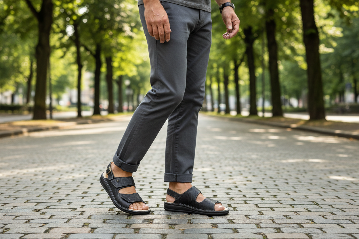 mid-age men with pant wearing this pairs of sandals walking in street, a green park on background