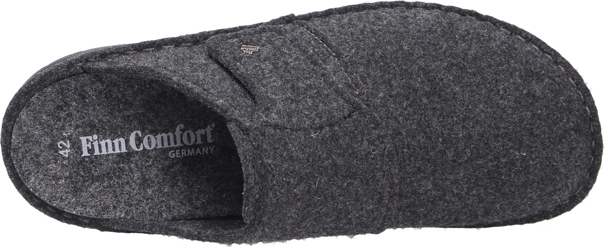 Gray slipper with 'Finn Comfort' branding on a white background