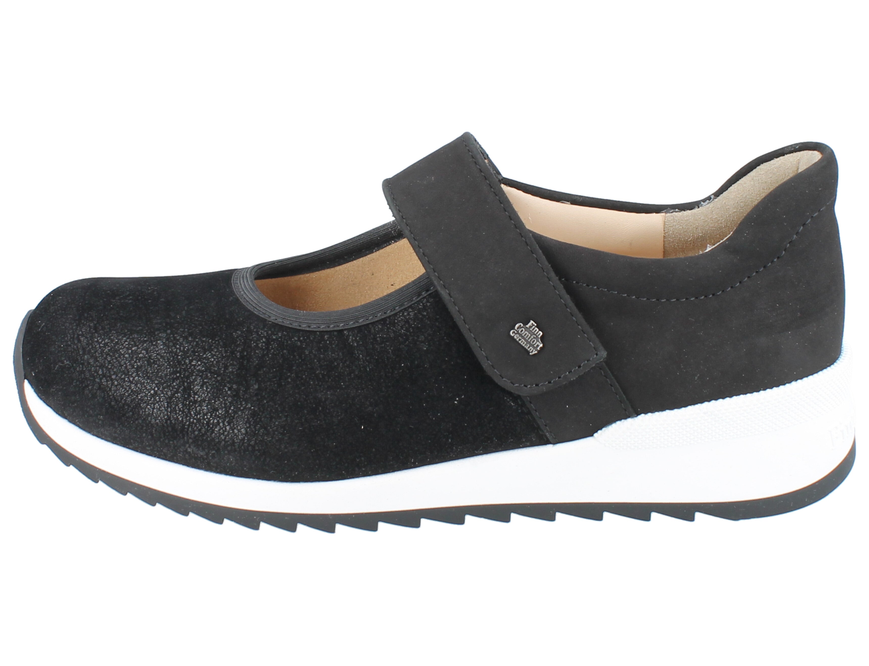 Finn Comfort Assenza Black Mary Jane left side view Velcro strap support on a white background