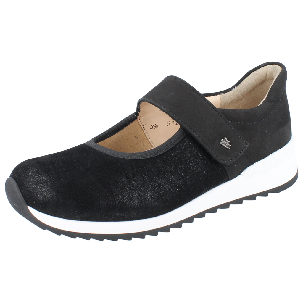 Finn Comfort Assenza Black Mary Jane side view Velcro strap support on a white background
