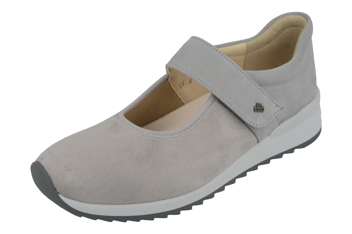 Finn Comfort Assenza grey Mary Jane side view adjustable strap support on a white background