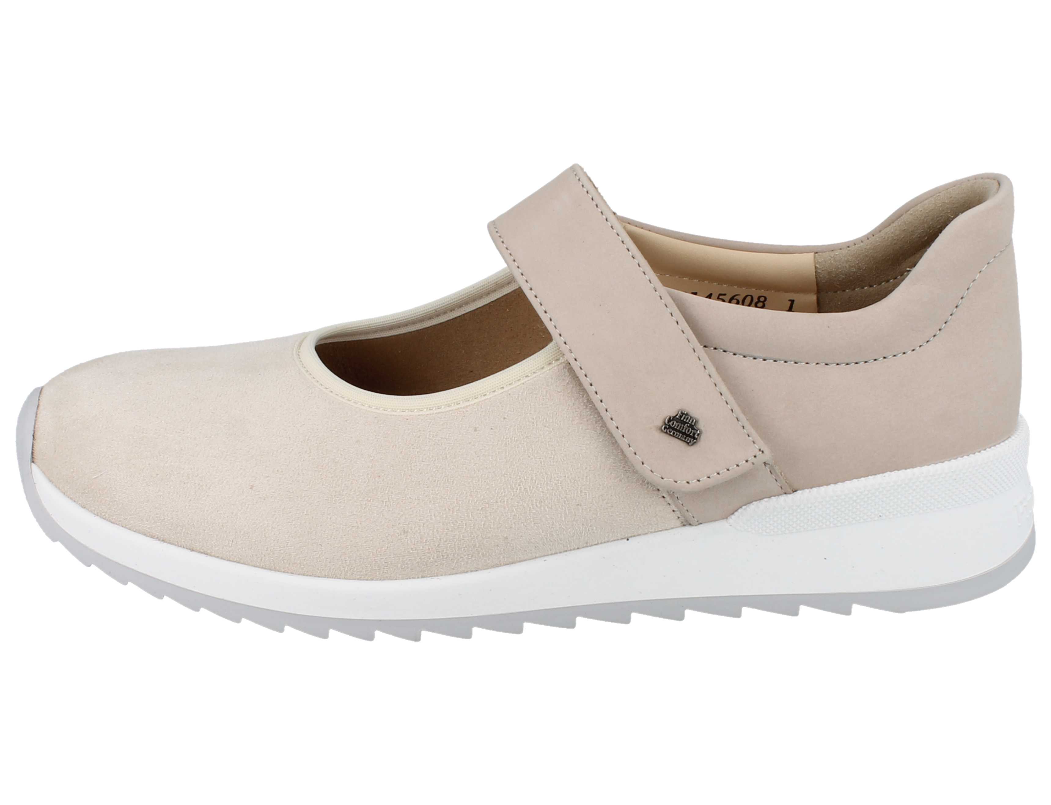 Finn Comfort Assenza Beige Mary Jane left side view Velcro strap support on a white background