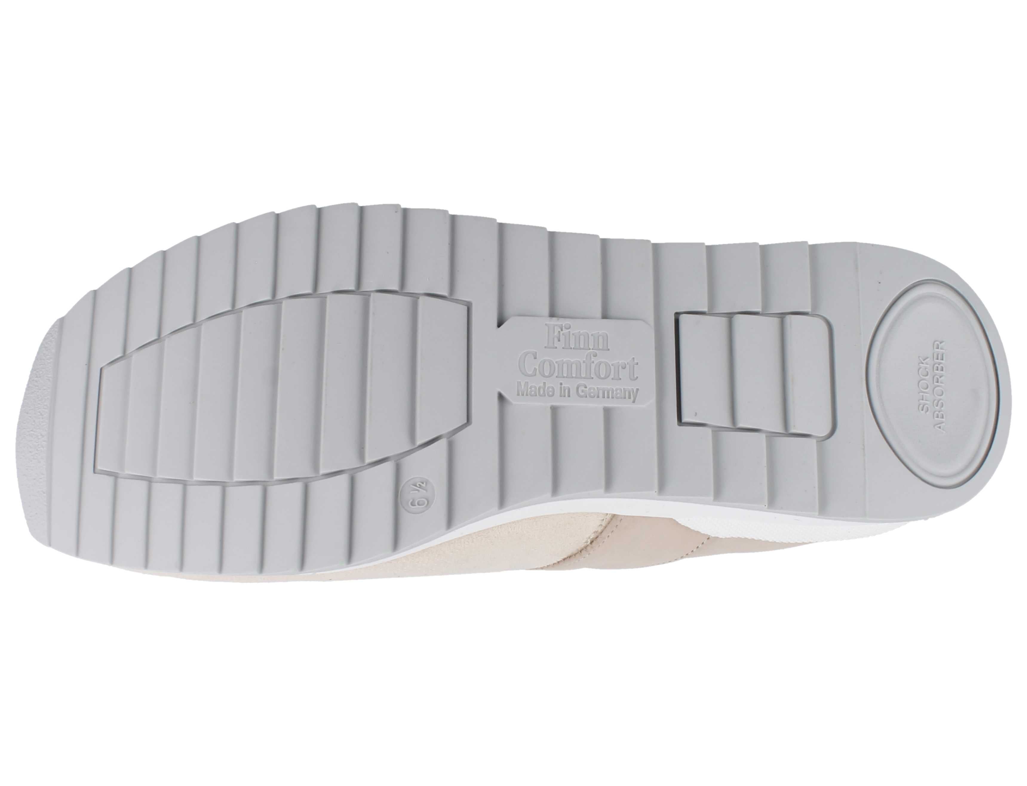 Outsole flexible lightweight traction view of Finn Comfort Assenza Beige Mary Jane velcro strap.