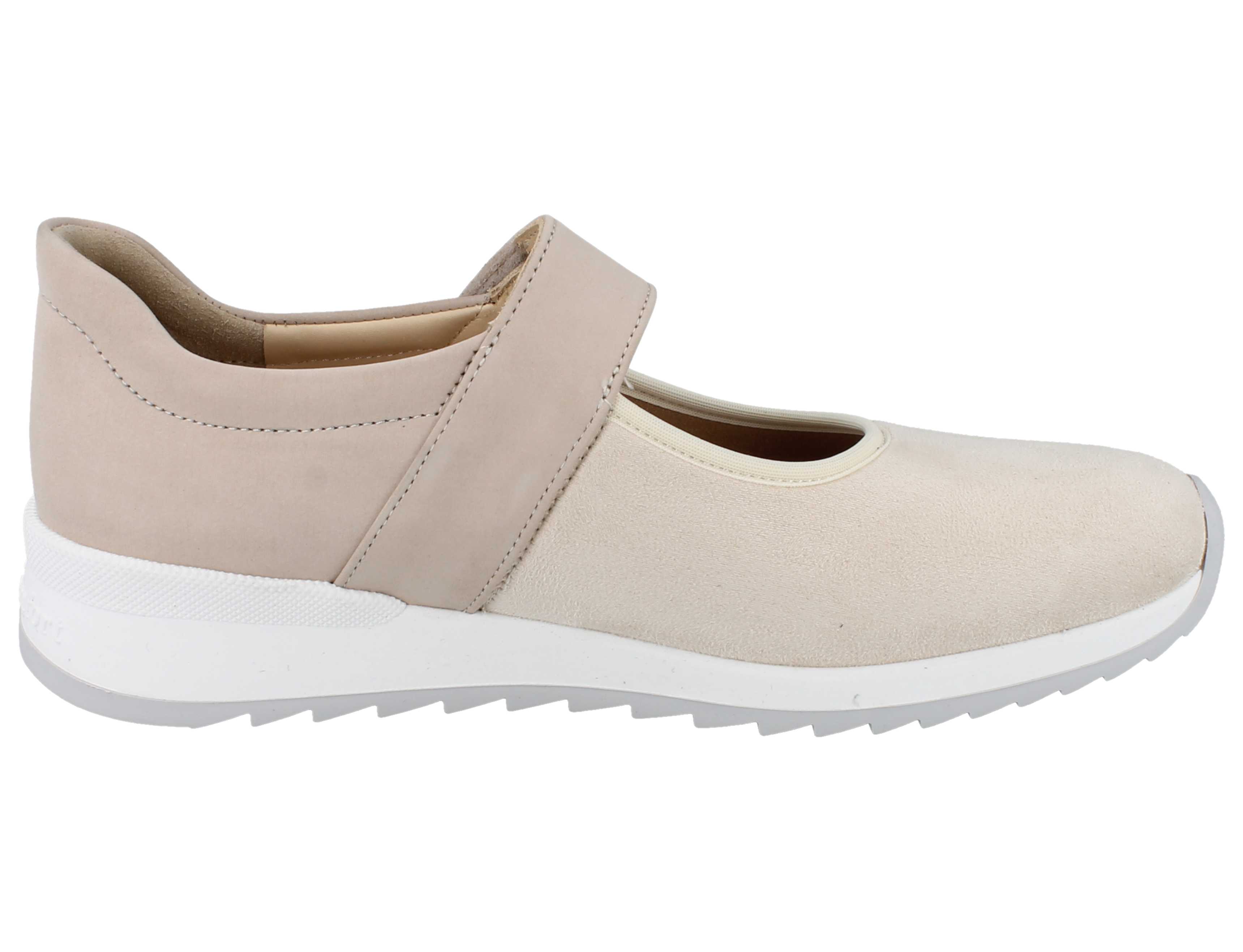 Finn Comfort Assenza Beige Mary Jane right side view Velcro strap support with a white sole.
