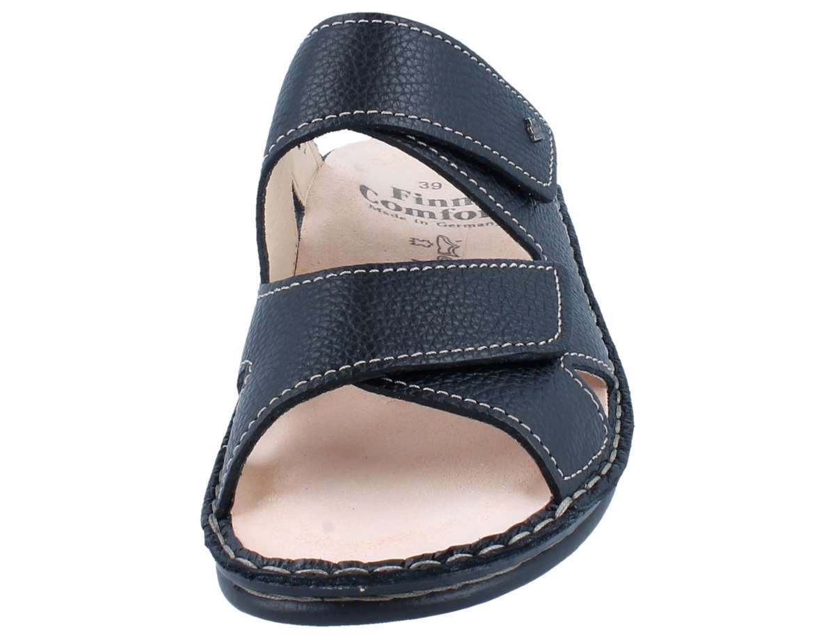 Front Side View of Black Finn Comfort Danzig Soft Footbed leather sandal with adjustable on white background.