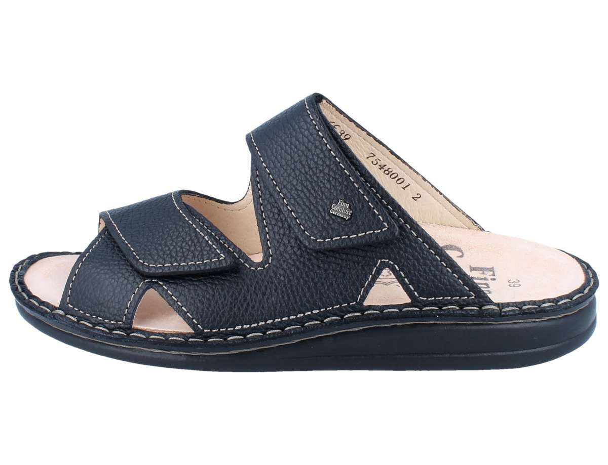 Side View of Black Finn Comfort Danzig Soft Footbed leather sandal with adjustable on a white background