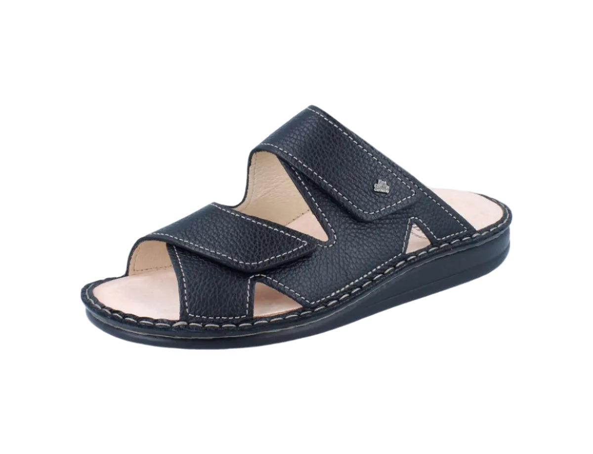 Front Side View of Black Finn Comfort Danzig Soft Footbed leather sandal with adjustable strapson a white background