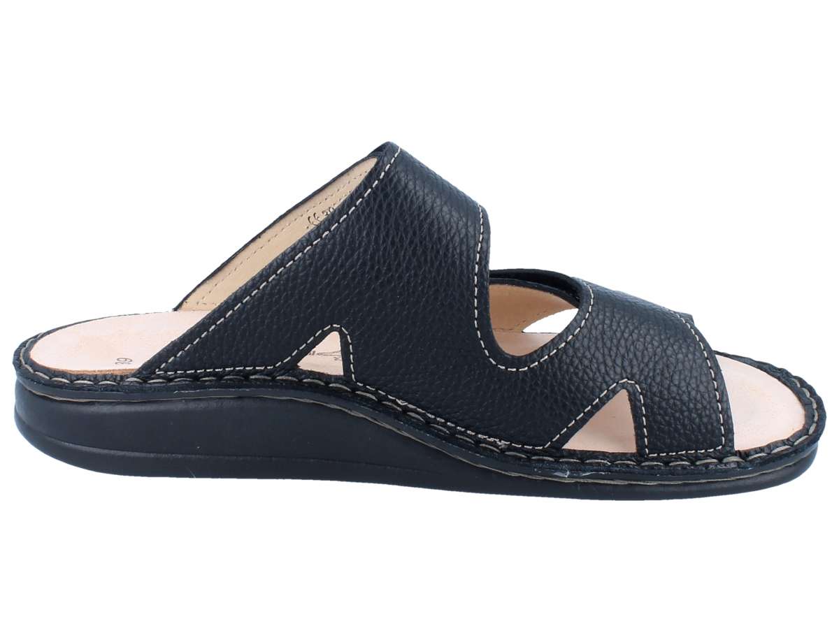 Front Side View of Black Finn Comfort Danzig Soft Footbed leather sandal with adjustable on a white background
