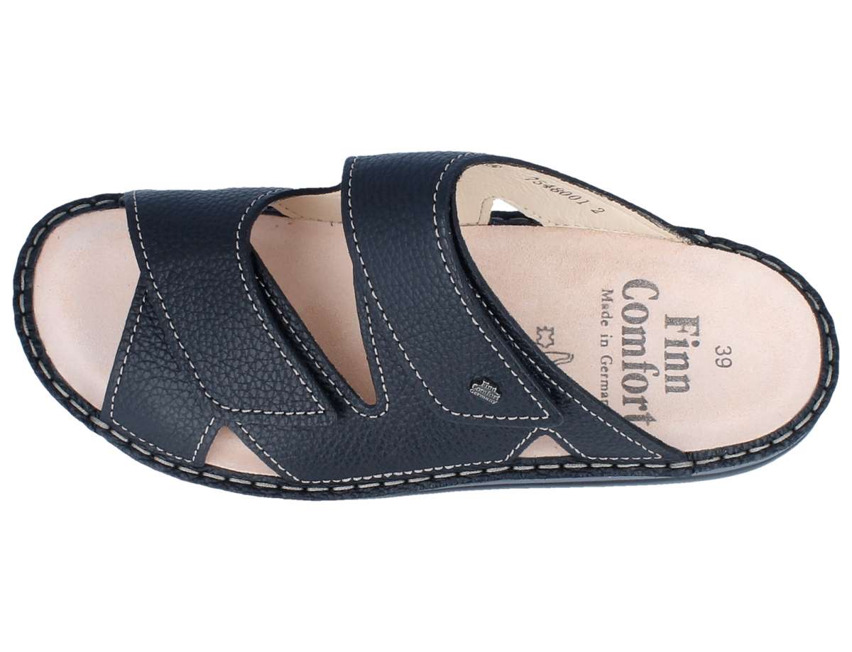 Black sandal with Danzig 'Finn Comfort' branding sandal on a white background
