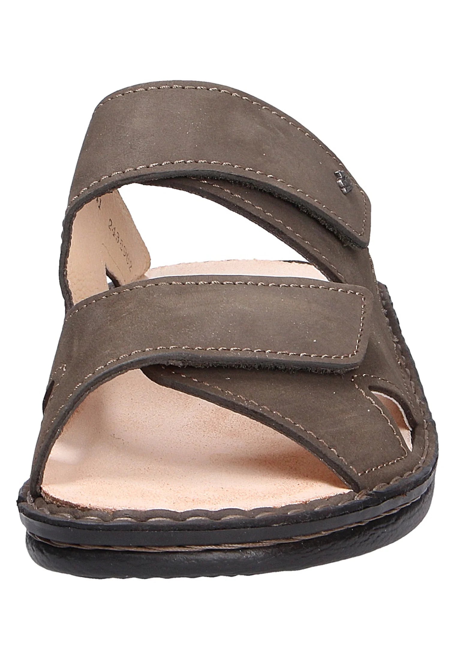 Front view of Brown Finn Comfort Danzig Soft Footbed leather sandal with adjustable velcro straps on a white background