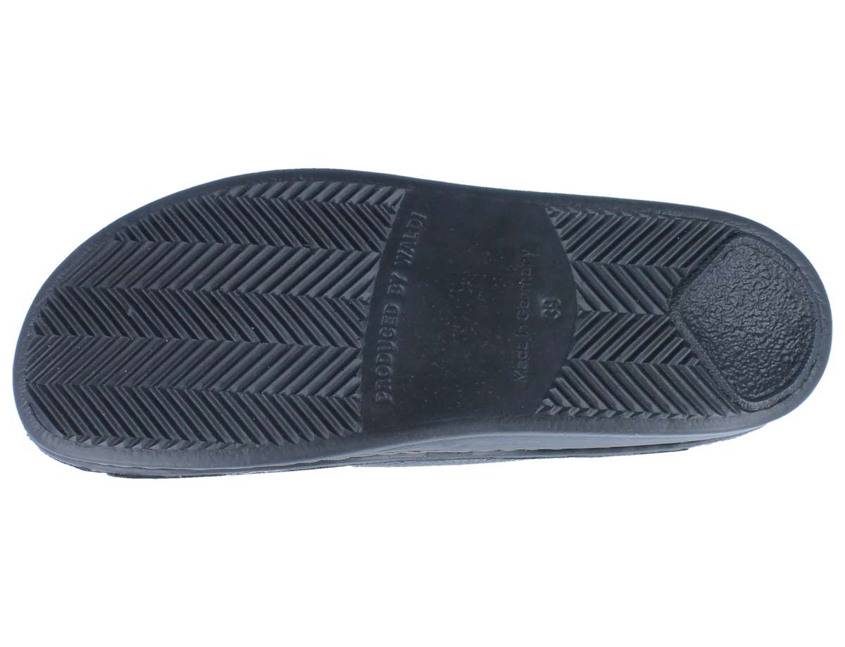 View of balck sole Finn Comfort Danzig Soft Footbed sandal with velcro straps.