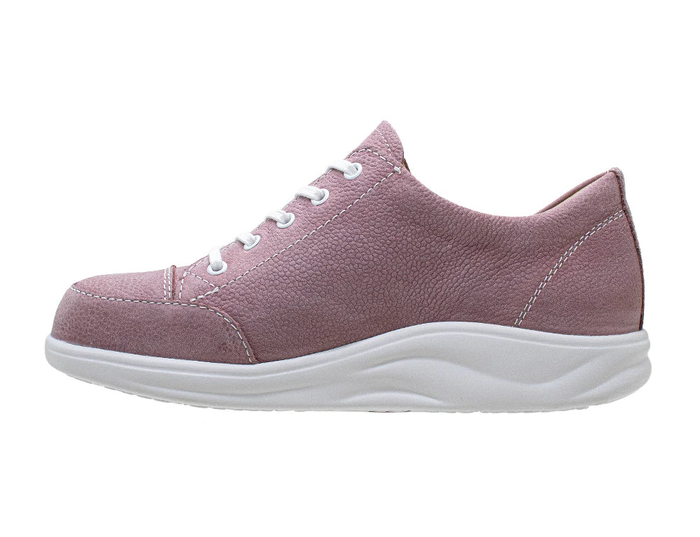 Finn Comfort Womens's Pink sneaker with white laces on a white background