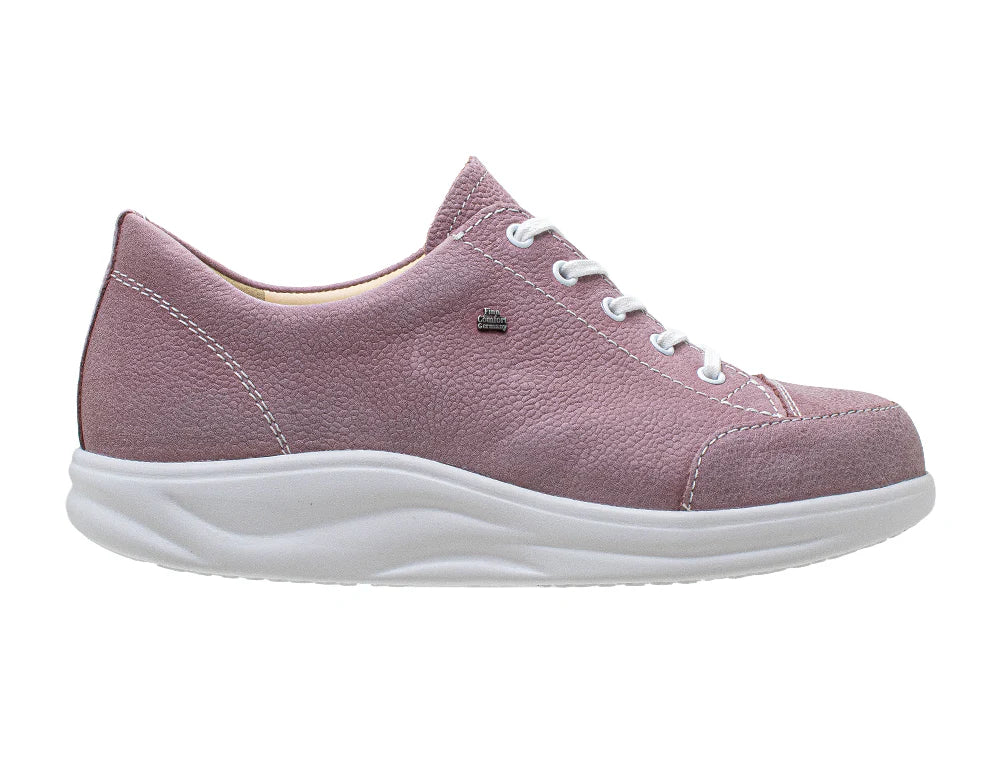 Finn Comfort Womens's Pink sneaker with white sole on a white background