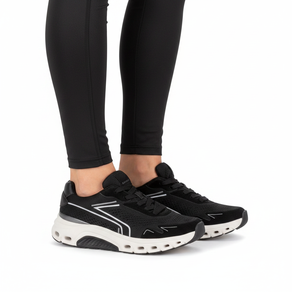 Model with sport leggins wearing Gabor Rollingsoft women’s black running sneakers with lightweight sole and comfort walking technology with white sole on a white background.