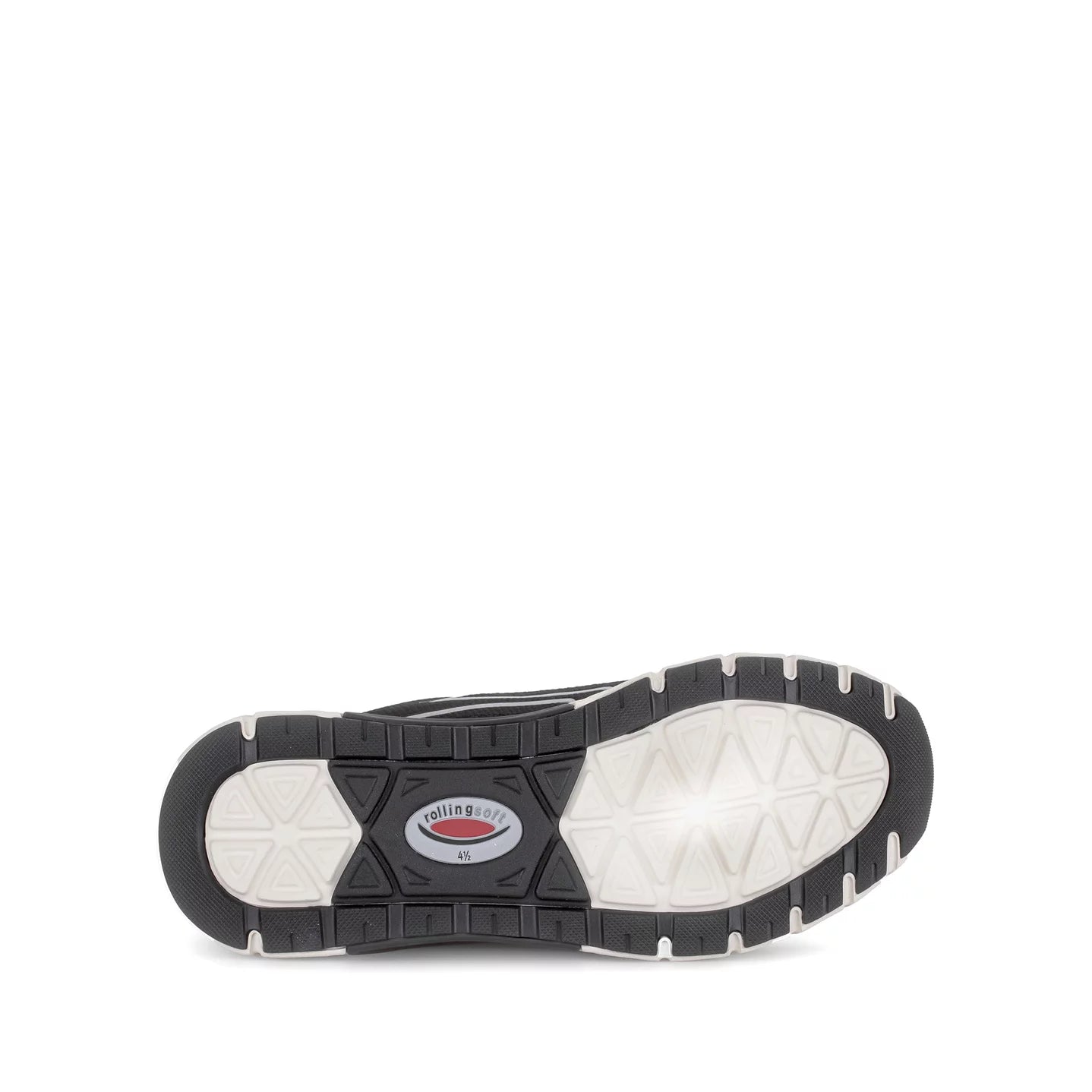 Outsole traction of Gabor Rollingsoft women’s black running sneakers with lightweight sole and comfort walking technology with white sole on a white background.