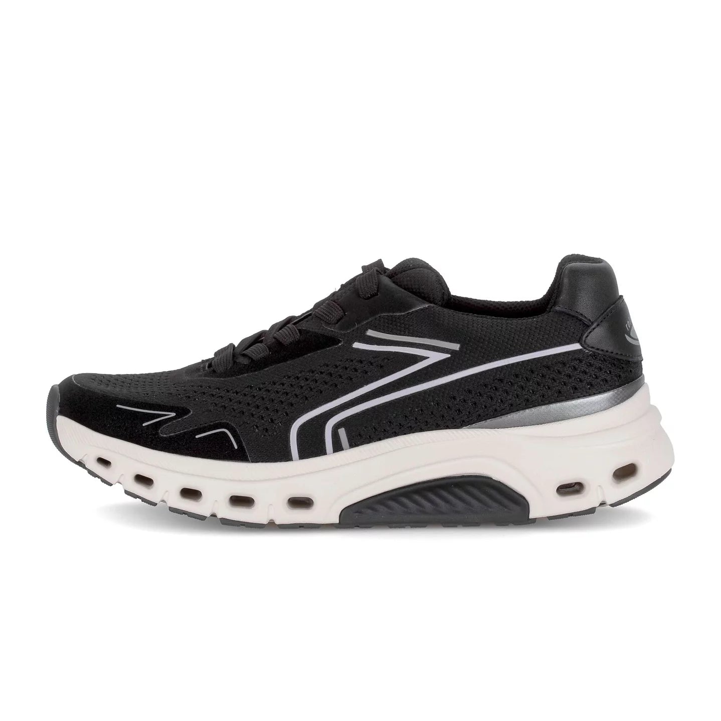 Side view of Gabor Rollingsoft women’s black running sneakers with lightweight sole and comfort walking technology with white sole on a white background.