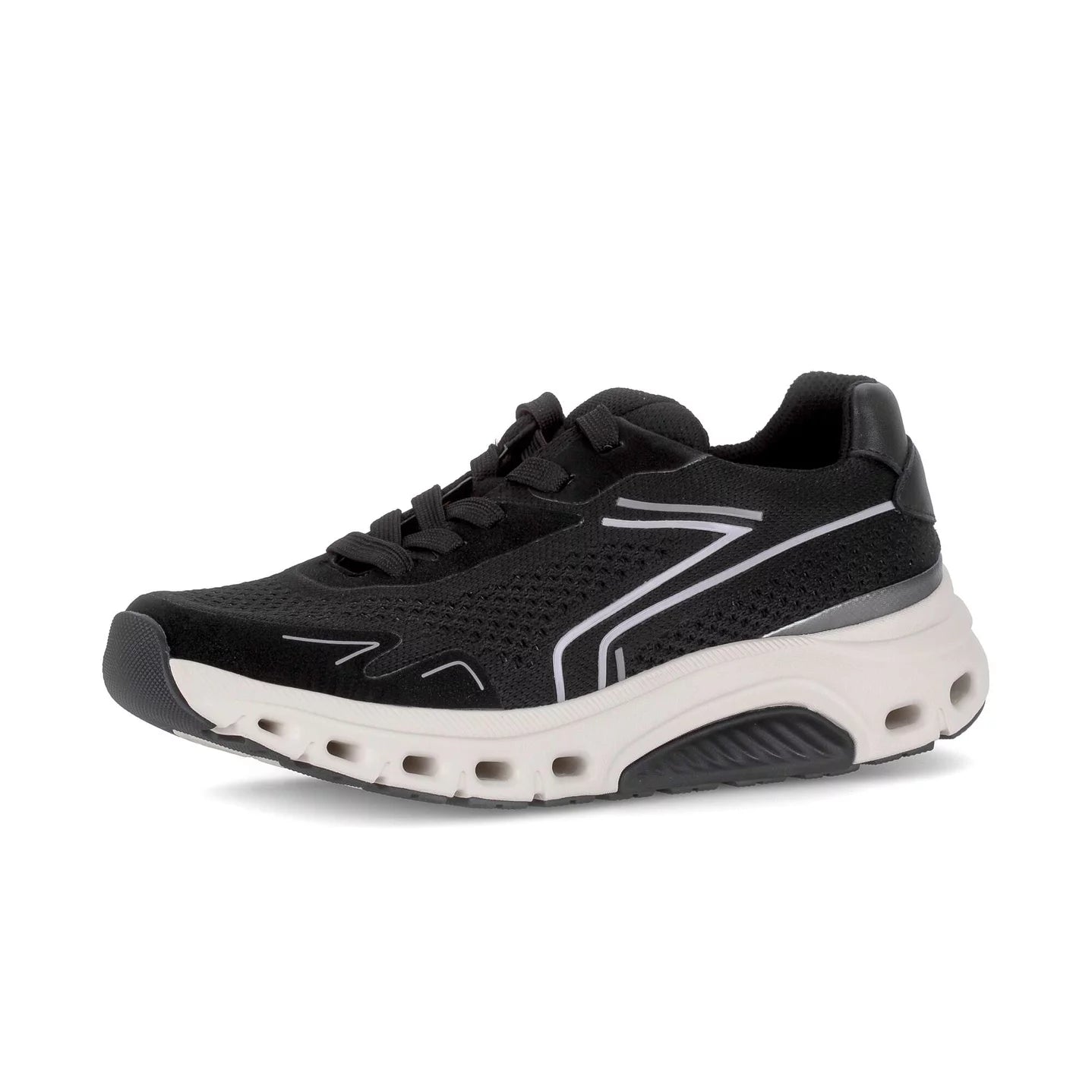 Gabor Rollingsoft women’s black running sneakers with lightweight sole and comfort walking technology with white sole on a white background.
