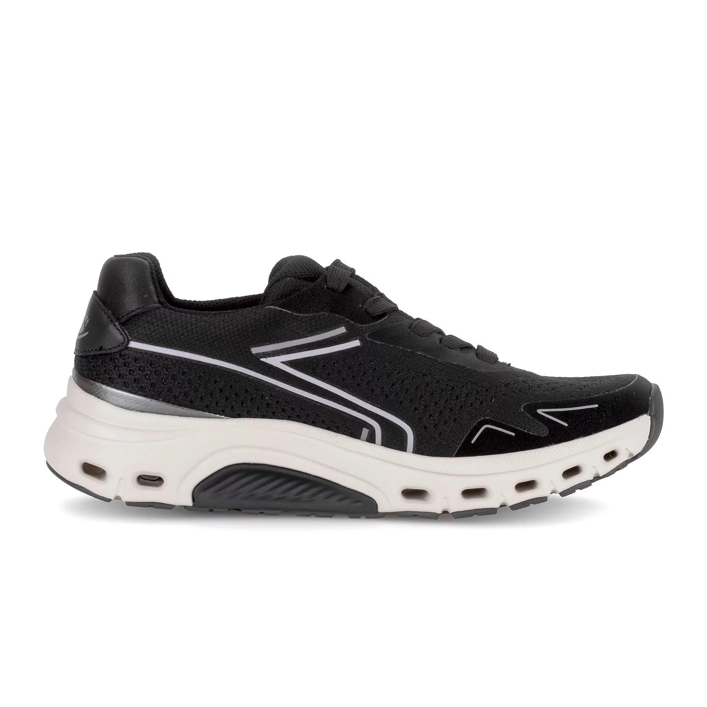 Side view of Gabor Rollingsoft women’s black running sneakers with lightweight sole and comfort walking technology with white sole on a white background.