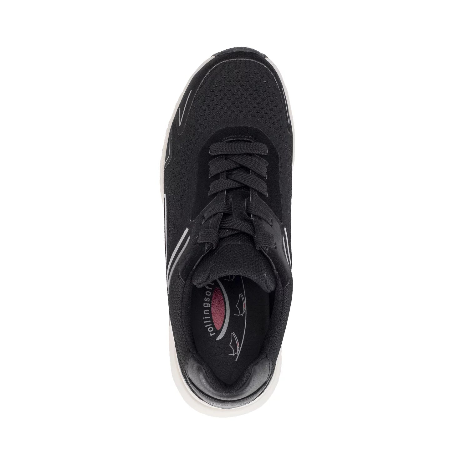 Top view of Gabor Rollingsoft women’s black running sneakers with lightweight sole and comfort walking technology with white sole on a white background.