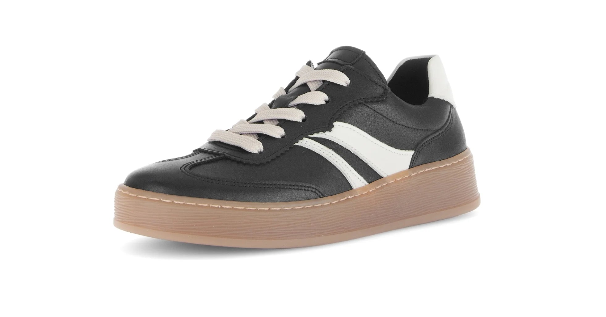 front view of black Gabor sneaker with white stripes on a white background