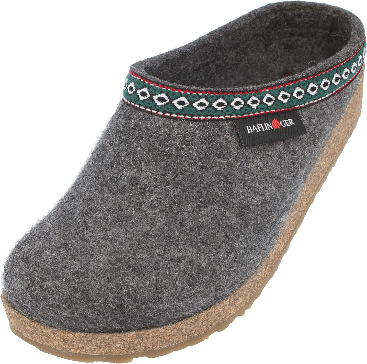 HAFLINGER CLASSIC GRIZZLY SLIPPERS GREY Gray felt slipper with a decorative band and HAFNIGER logo on a white background