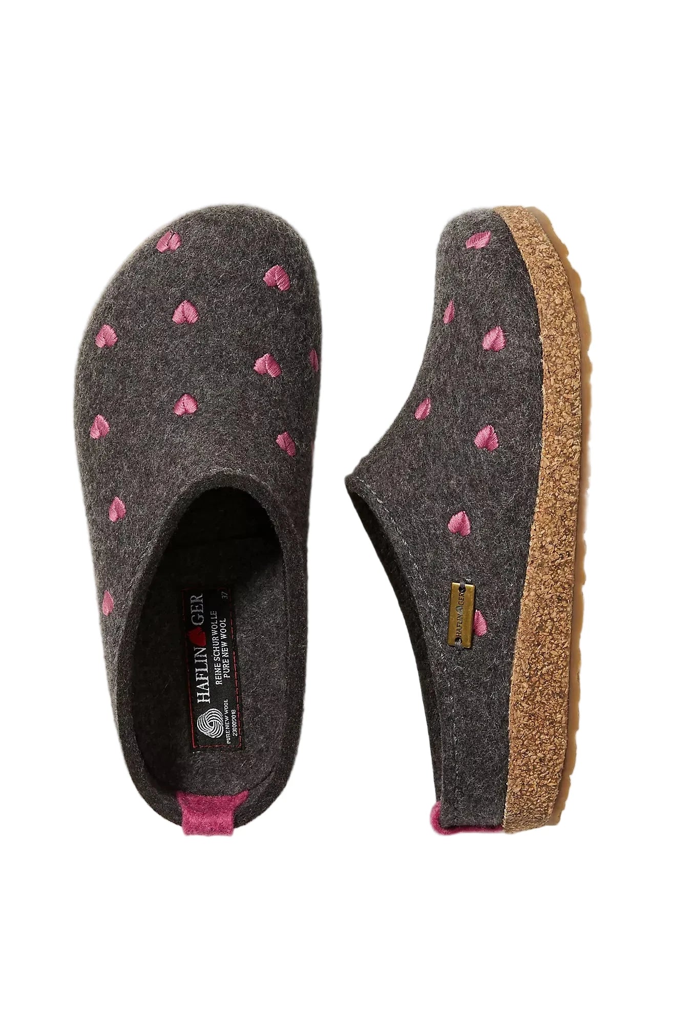 Top view of pair of Haflinger Cuoricini clog gray slippers with pink heart patterns on a light gray background