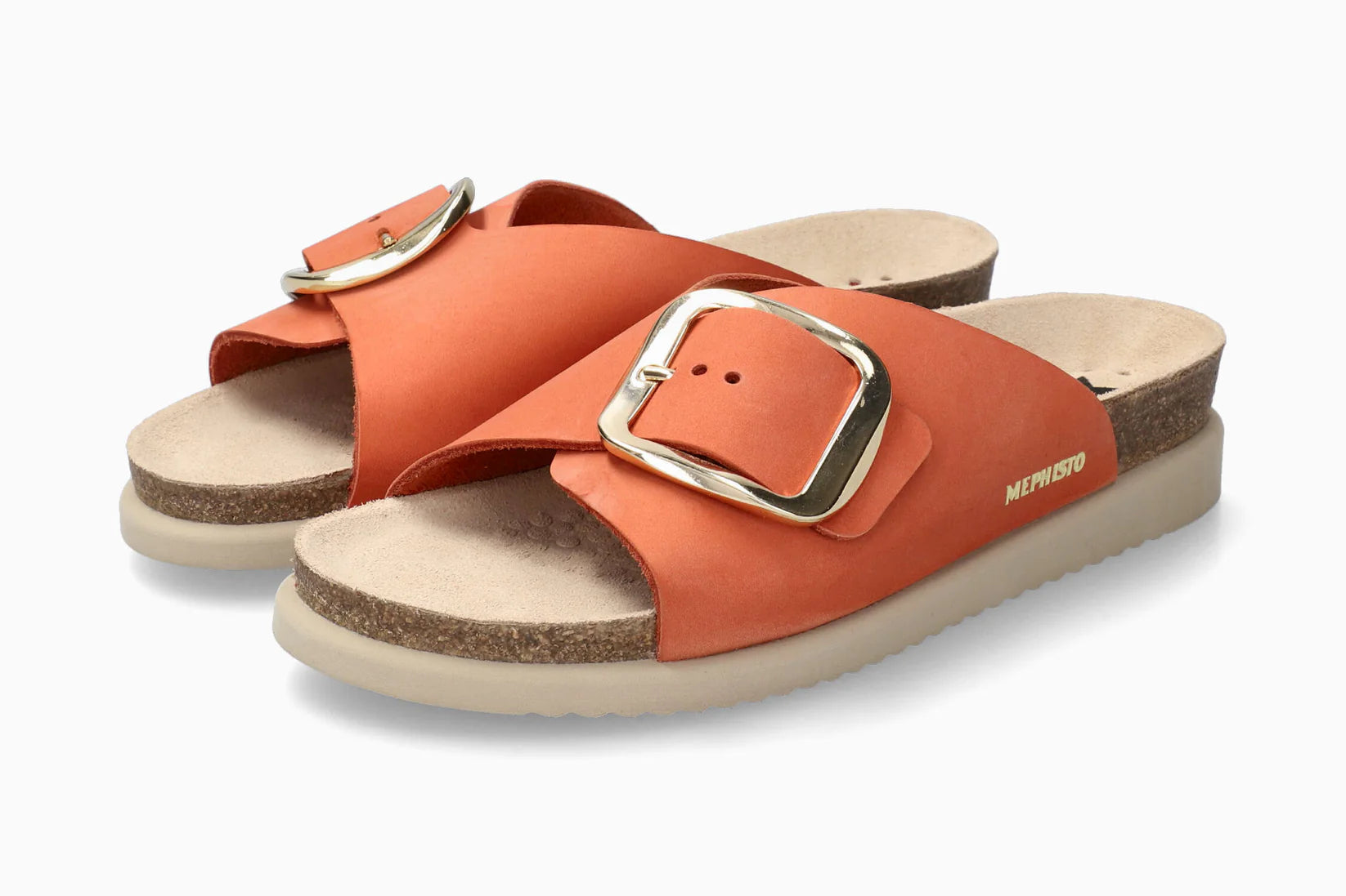 Pair of MEPHISTO Chili Red sandals with gold buckles on a white background