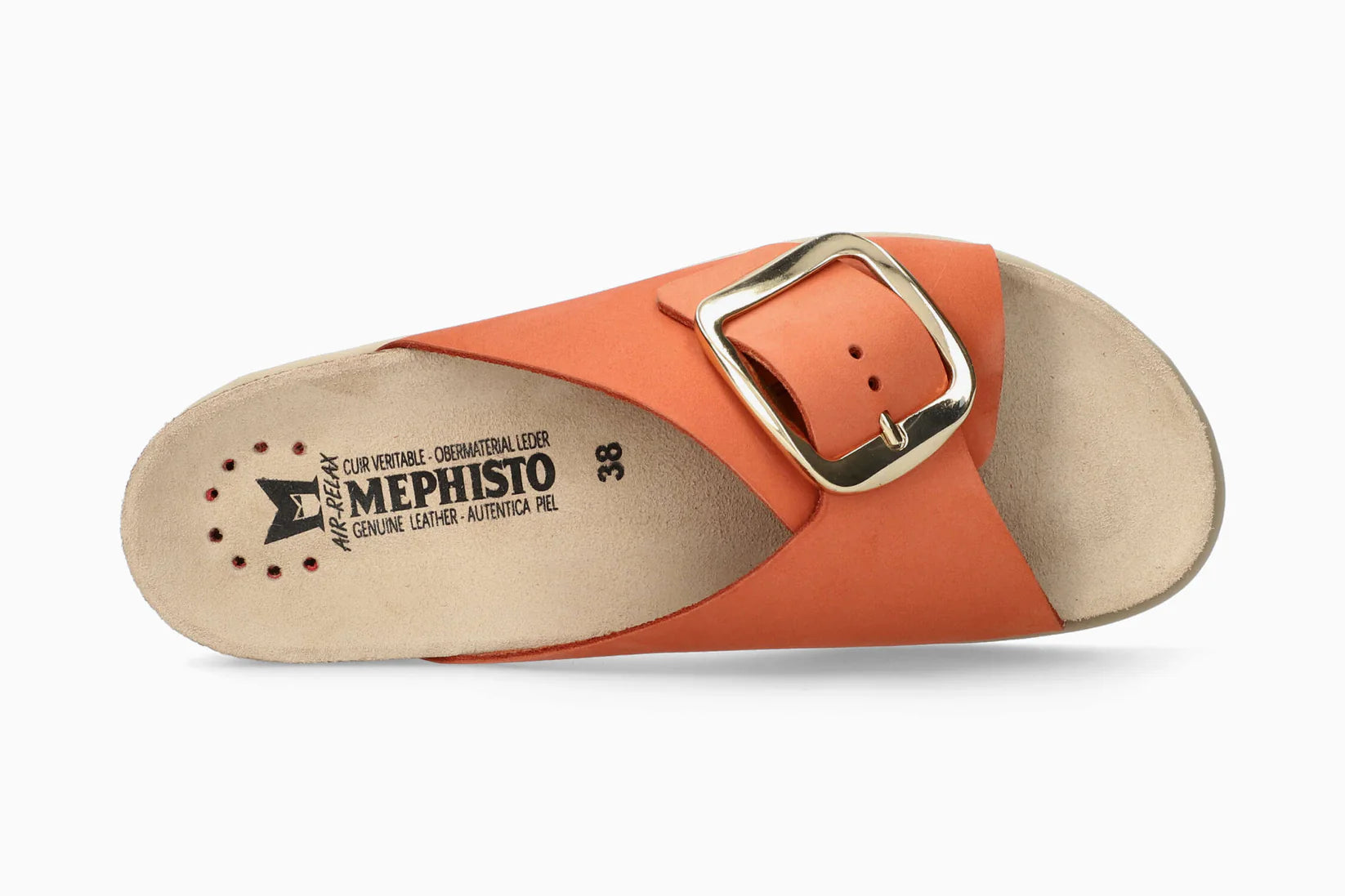 MEPHISTO Chili Red sandal with a gold buckle on a white background