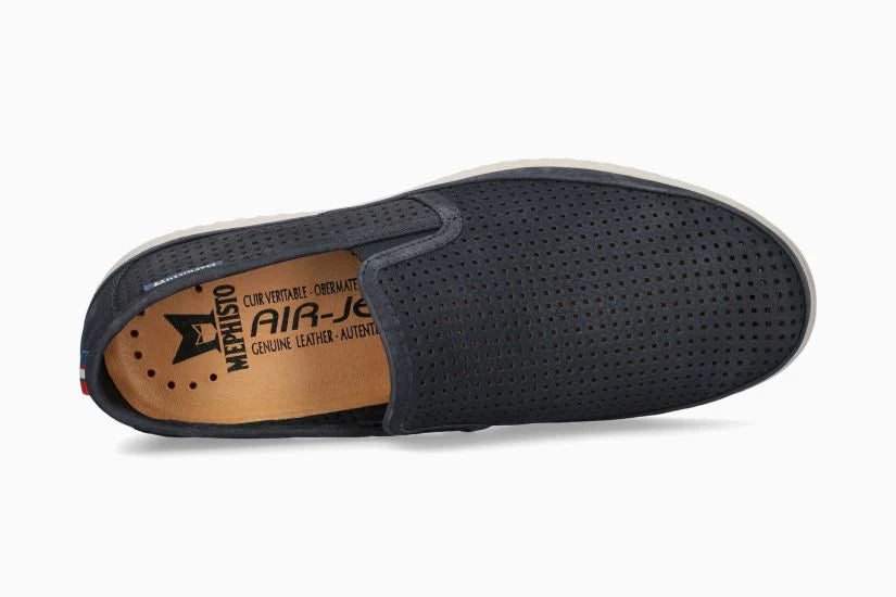 MEPHISTO Tiago navy loafers showing leather lining and removable footbed