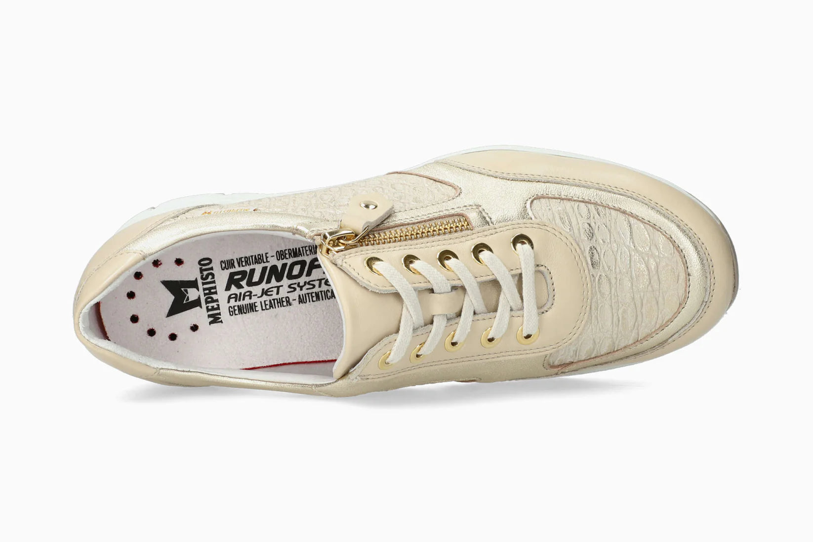 Mephisto Ylona women’s sneaker light sand top view with lace-up and zipper closure. Shop now at Foot Sensation.