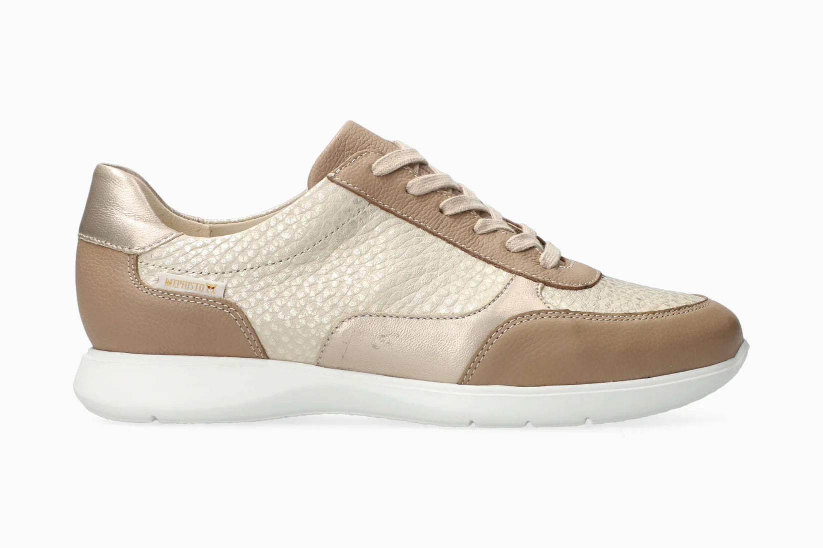  Mephisto Mendy women’s sneaker light taupe side view. Shop now at Foot Sensation.