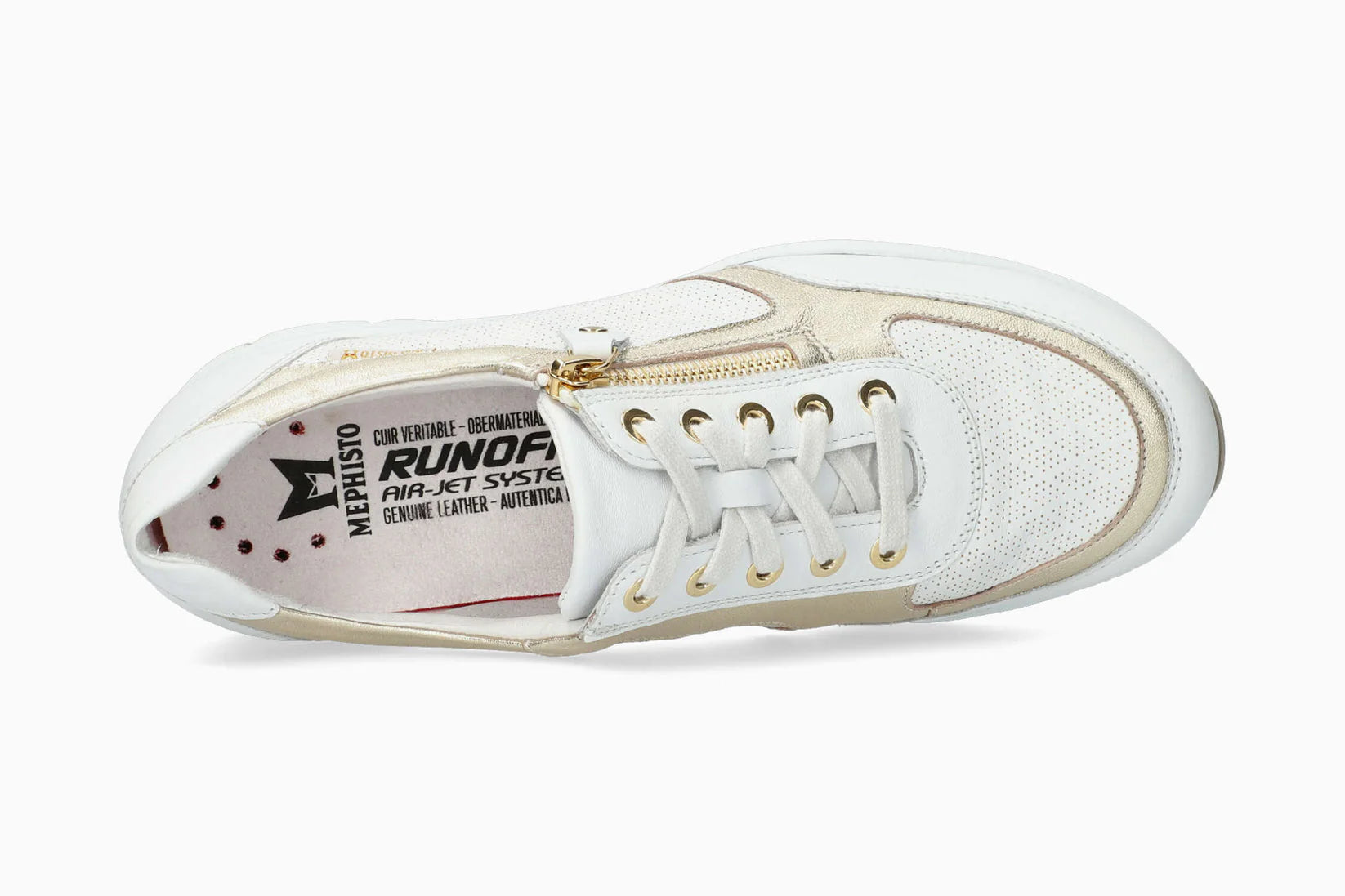 Mephisto Ylonna women side-zip sneaker in white gold sneaker with visible branding on a white background. Shop now at Foot Sensation.