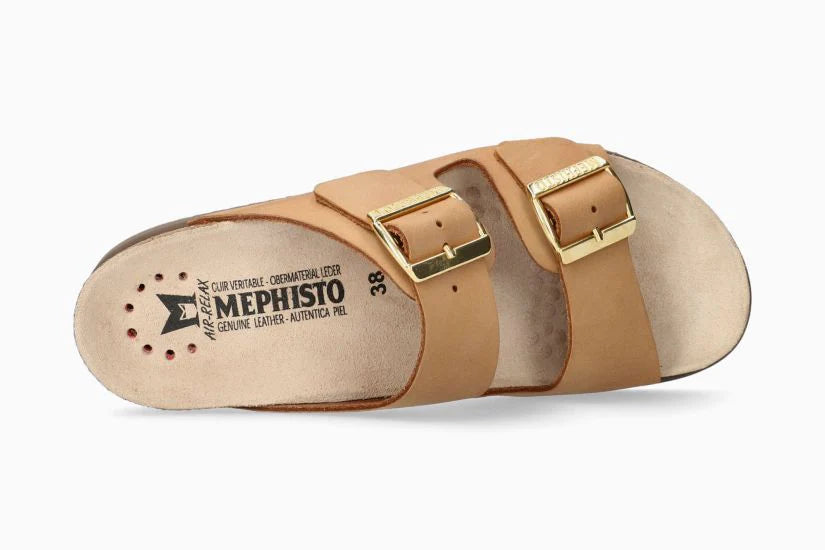 Tan sandal with gold buckles on a white background, featuring Mephisto branding.