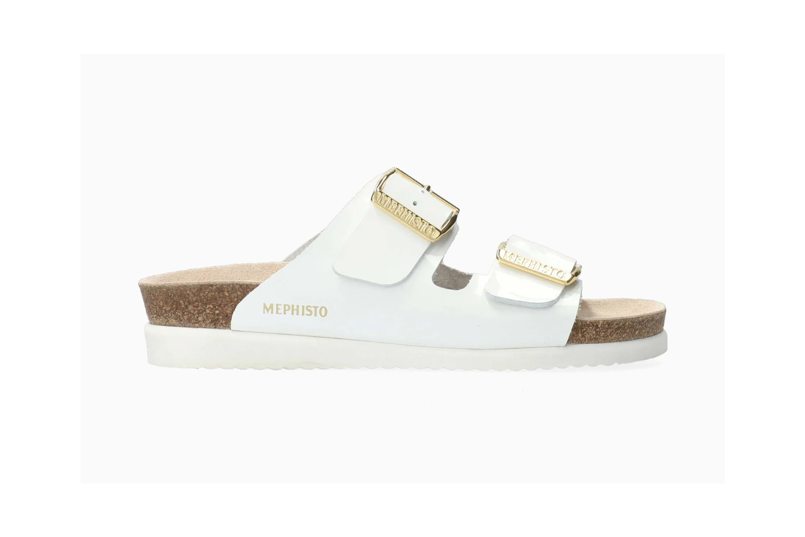 White Mehpisto sandal with gold buckle on a white background. Canada Vancouve Nova Scotia Online store Foot Sensation 